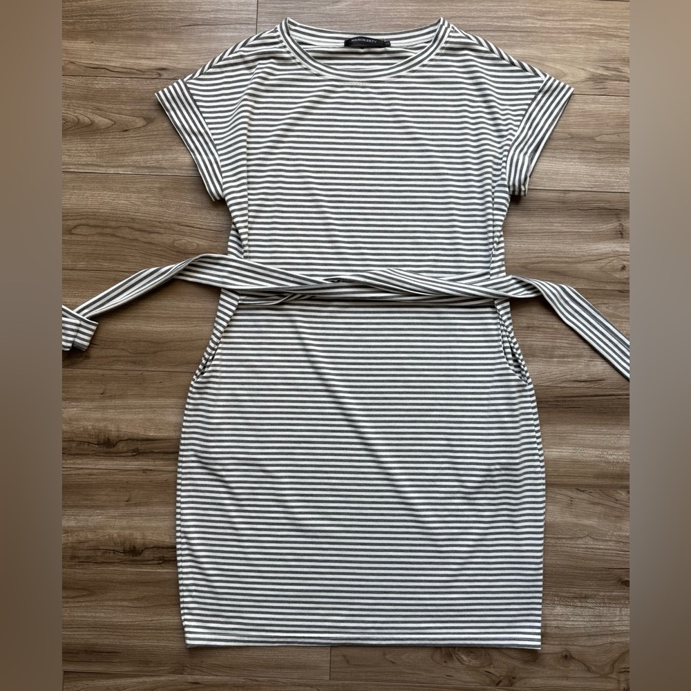 Grey White Striped T Shirt Dress Midi Short Sleeve Sundress Pockets Tie Waist L